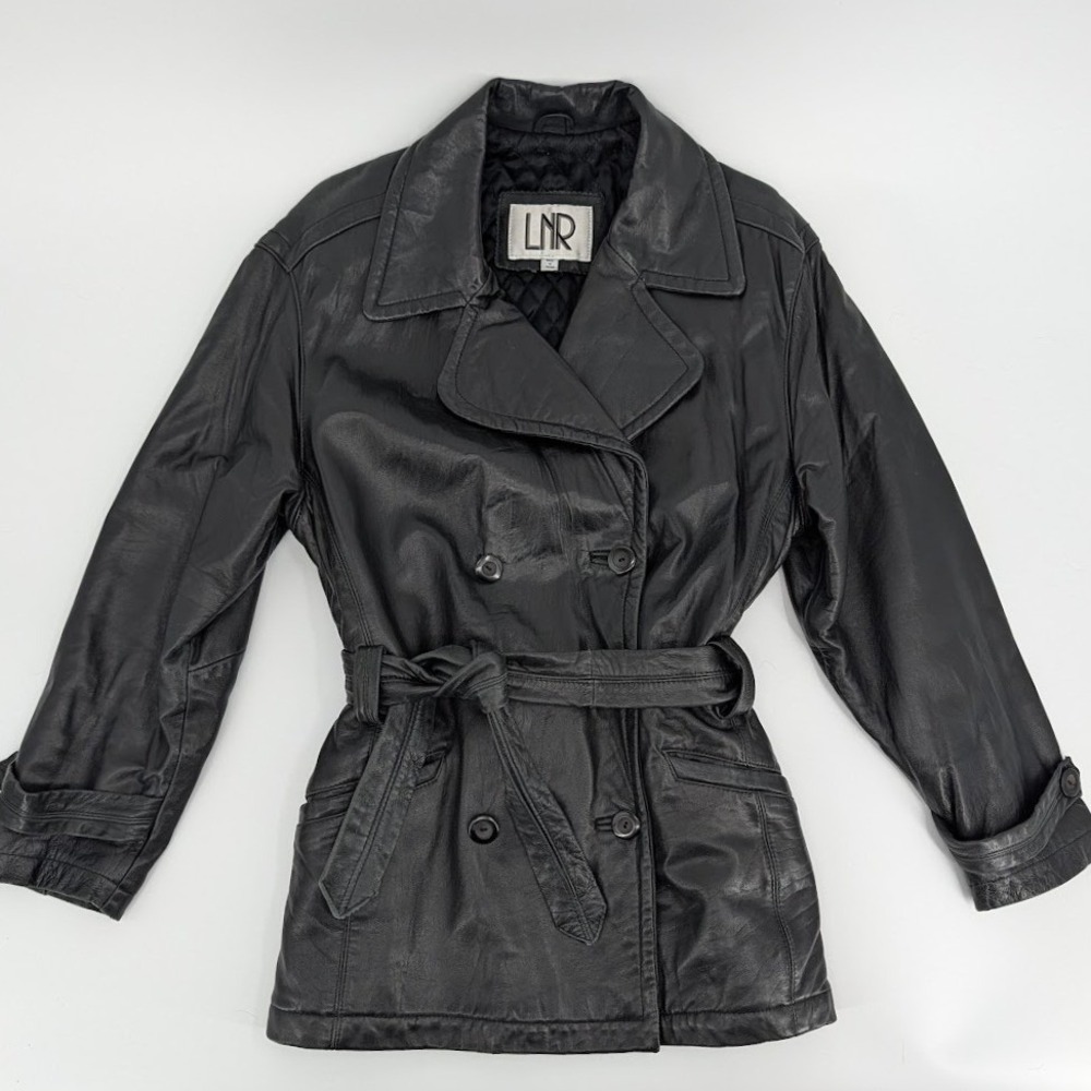 LNR Black Genuine Leather Trench Jacket Belted Double Breasted Size M